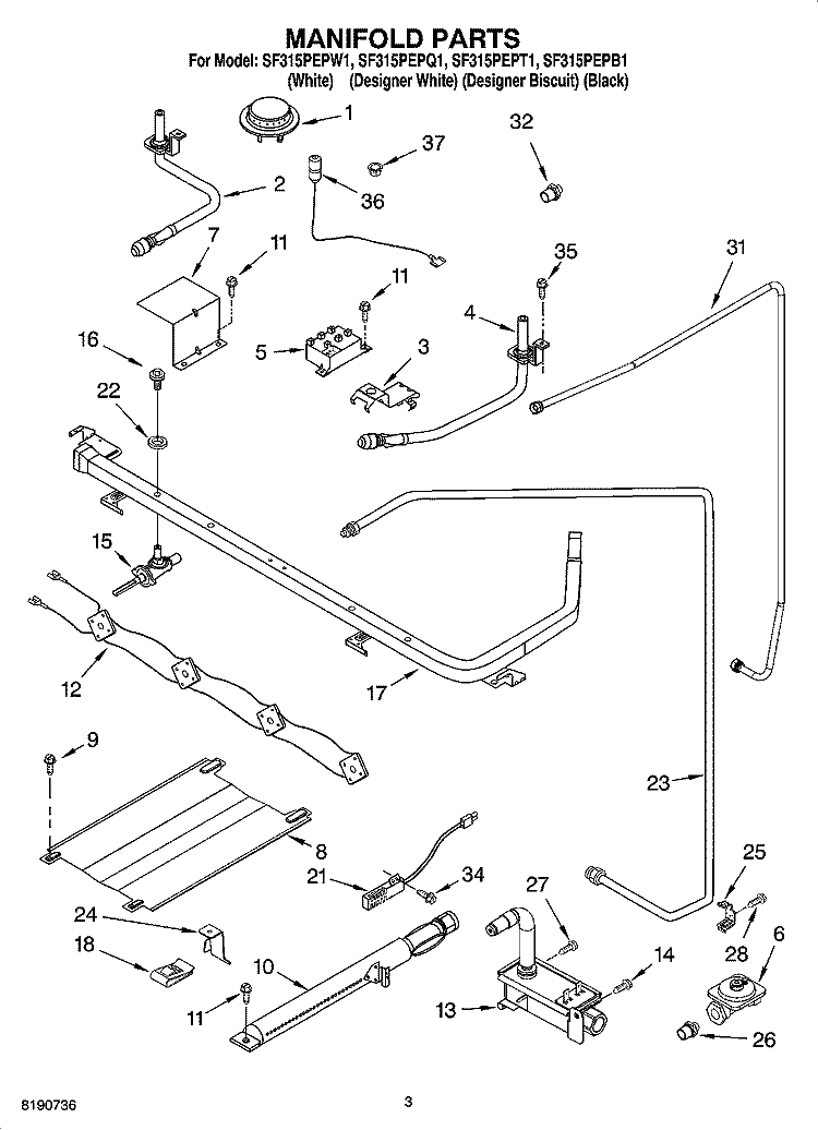MANIFOLD PARTS Diagram and Parts List for SF315PEPW1  Whirlpool Range