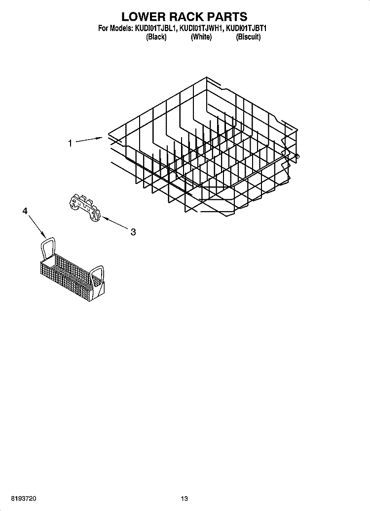 LOWER RACK PARTS Diagram and Parts List for KUDI01TJBT1  KitchenAid Dishwasher