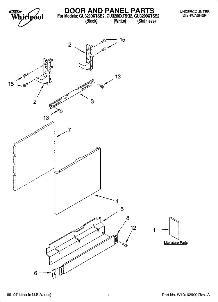 DOOR AND PANEL PARTS Diagram and Parts List for GU3200XTSQ2  Whirlpool Dishwasher