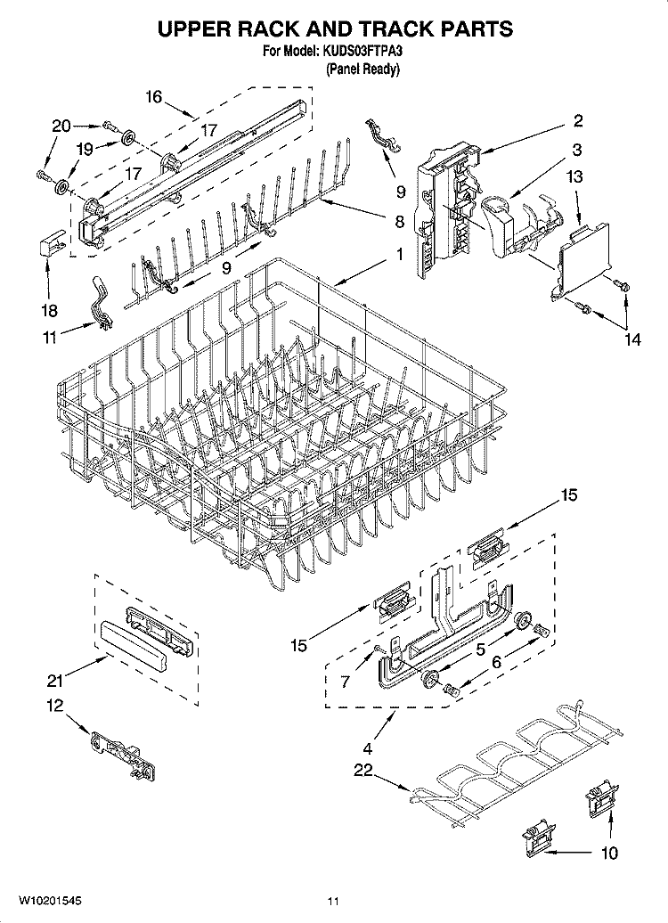 UPPER RACK AND TRACK PARTS Diagram and Parts List for KUDS03FTPA3  KitchenAid Dishwasher