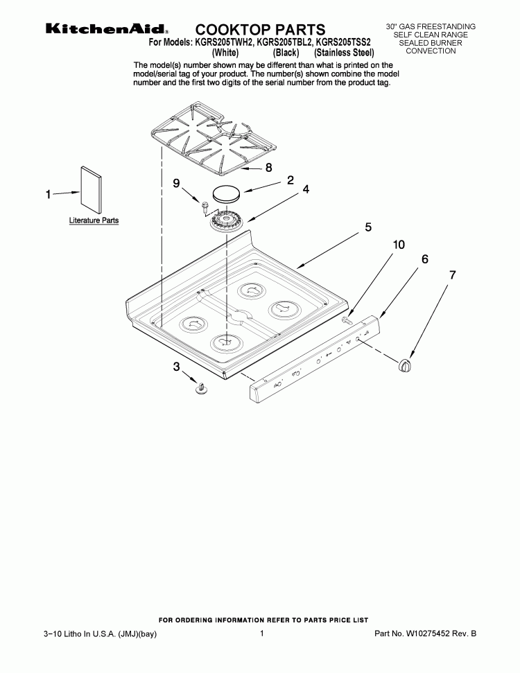 COOKTOP PARTS Diagram and Parts List for KGRS205TBL2  KitchenAid Range