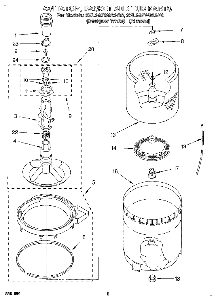 AGITATOR, BASKET AND TUB Diagram and Parts List for 3XLA87W92AQ0  Whirlpool Washer