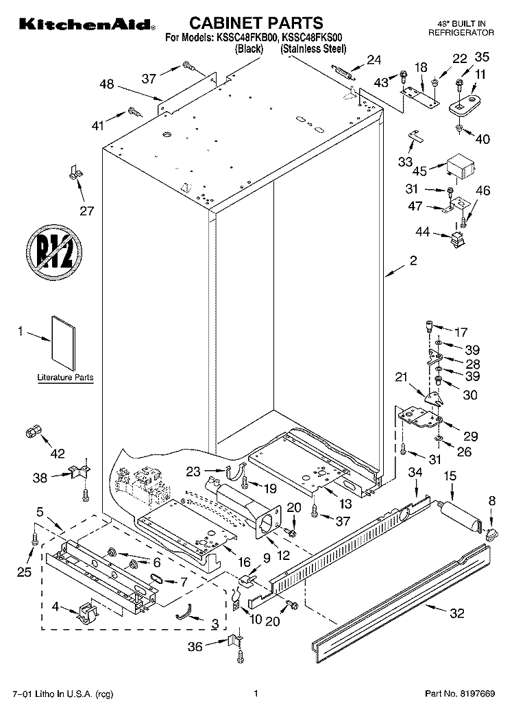 CABINET, LITERATURE Diagram and Parts List for KSSC48FKB00  KitchenAid Refrigerator