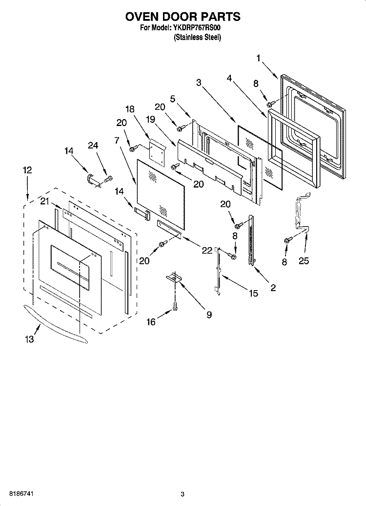 OVEN DOOR PARTS Diagram and Parts List for YKDRP767RS00  KitchenAid Range