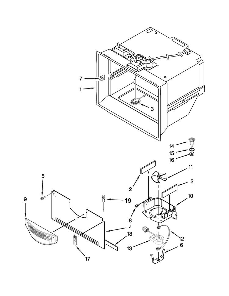 Freezer Liner Parts Diagram and Parts List for 7WF736SDAM11  Whirlpool Refrigerator