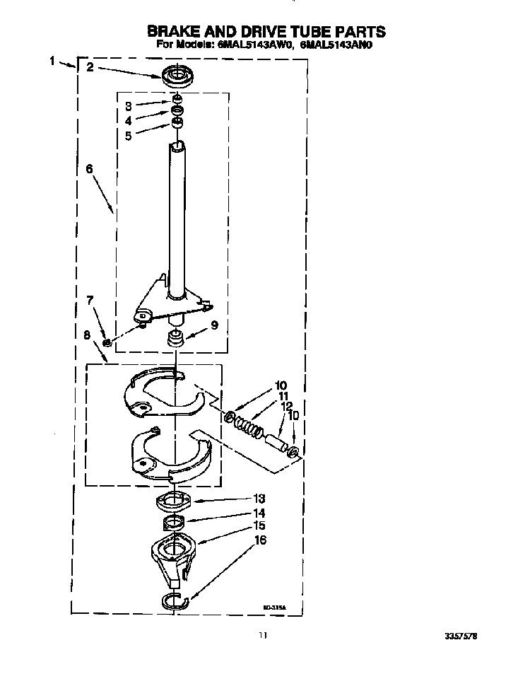 Brake And Drive Tube Diagram and Parts List for 6MAL5143AW0  Whirlpool Washer