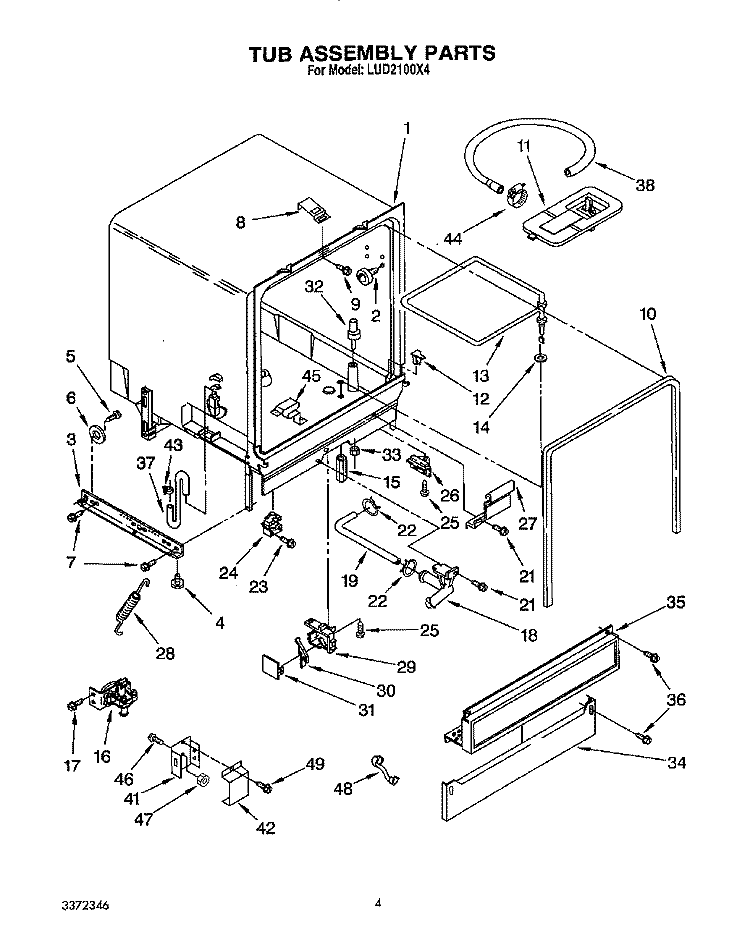 TUB ASSEMBLY, LIT/OPTIONAL Diagram and Parts List for LUD2100X4  Whirlpool Dishwasher