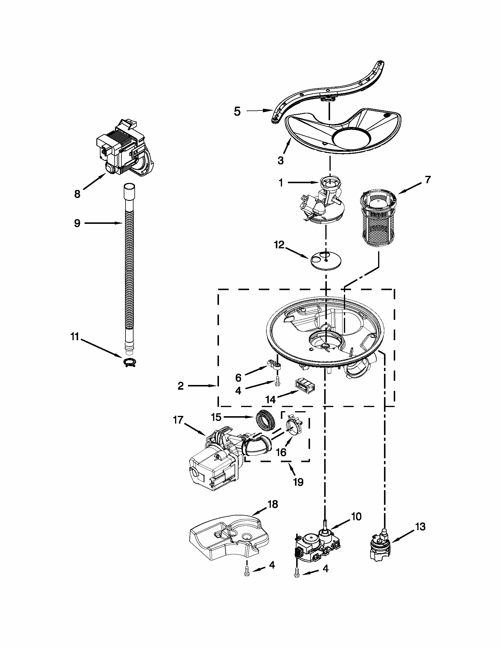 Pump, Washarm And Motor Parts Diagram and Parts List for 66515693K211  Kenmore Dishwasher