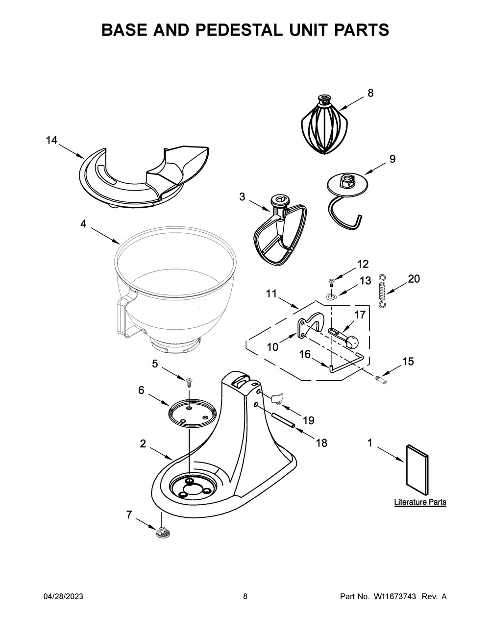 Base And Pedestal Unit Parts Diagram and Parts List for 5KSM95PSBCU4  KitchenAid Mixer