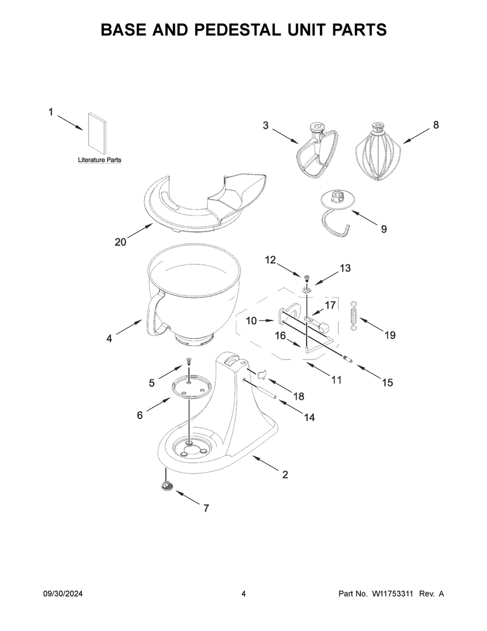 03 - Base And Pedestal Unit Parts Diagram and Parts List for 5KSM150PSABM5  Whirlpool Mixer