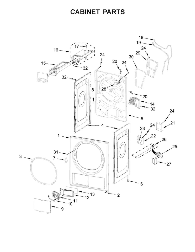 Cabinet Parts Diagram and Parts List for WHD5090GW0  Whirlpool Dryer