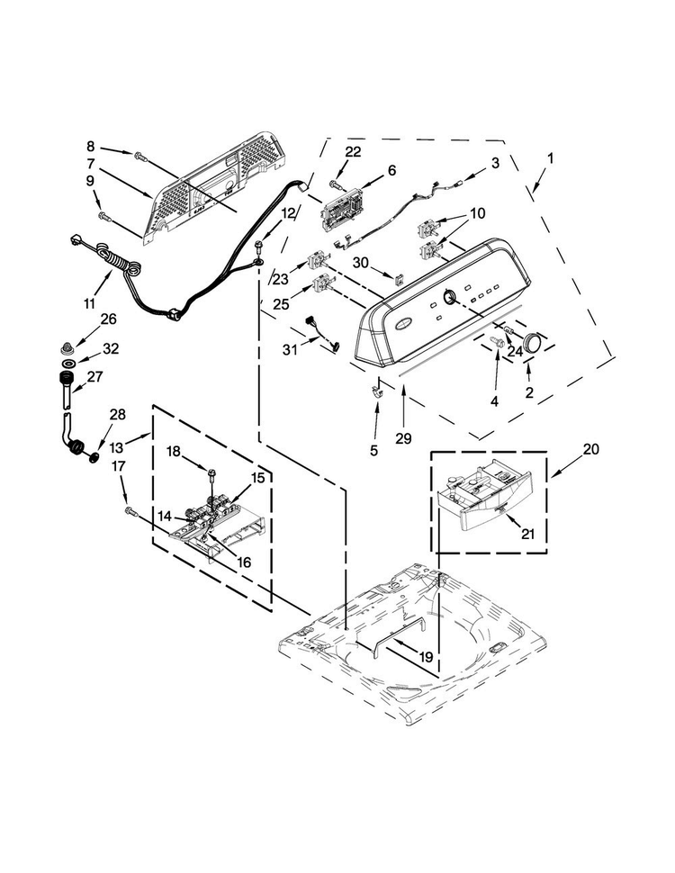 Console And Dispenser Parts Diagram and Parts List for 7MWTW5622BW1  Whirlpool Washer