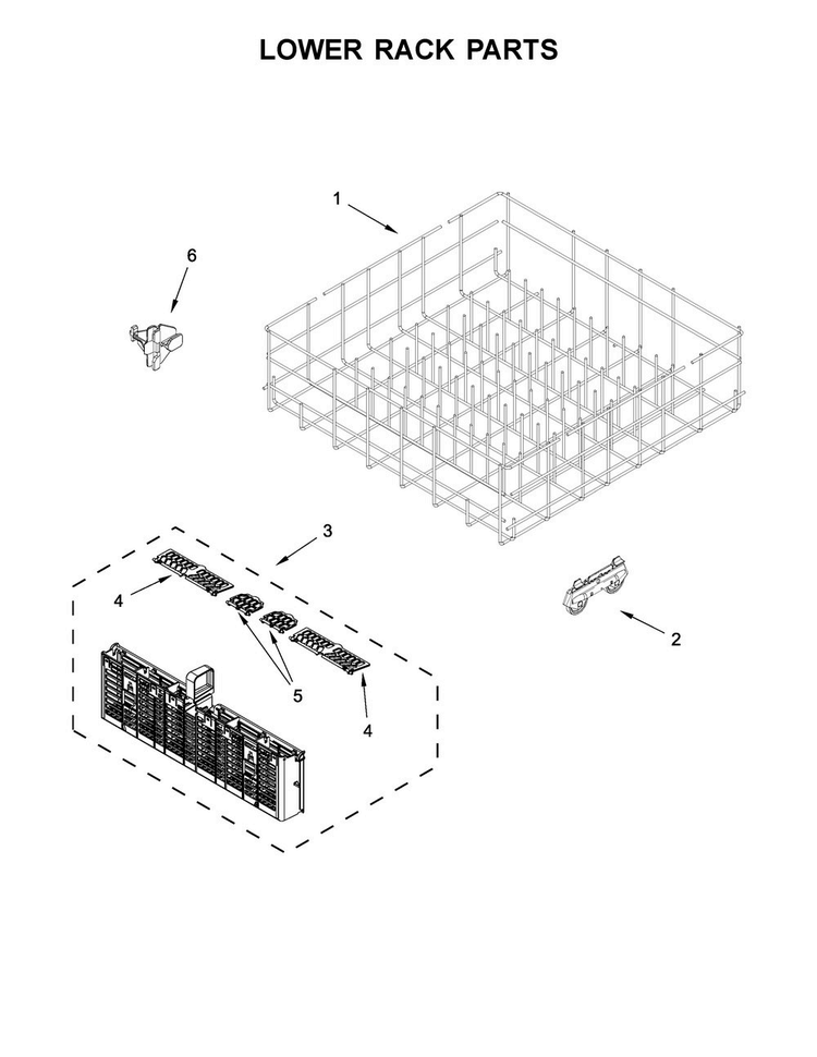 Lower Rack Parts Diagram and Parts List for WDF545PAFM0  Whirlpool Dishwasher