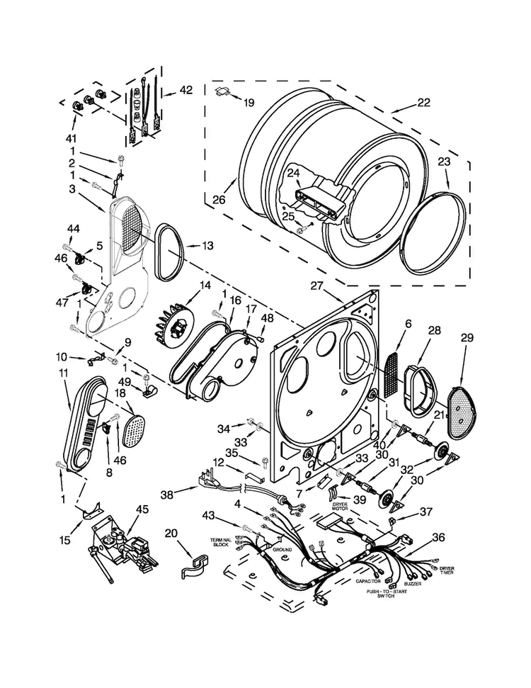 Dryer Bulkhead Parts Diagram and Parts List for LTG5243DQC  Whirlpool Washer Dryer Combo