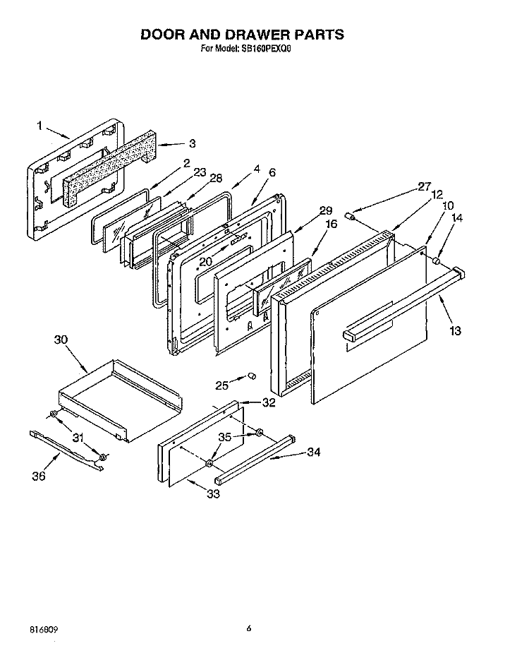 DOOR AND DRAWER, LIT/OPTOINAL Diagram and Parts List for SB160PEXQ0  Whirlpool Wall Oven