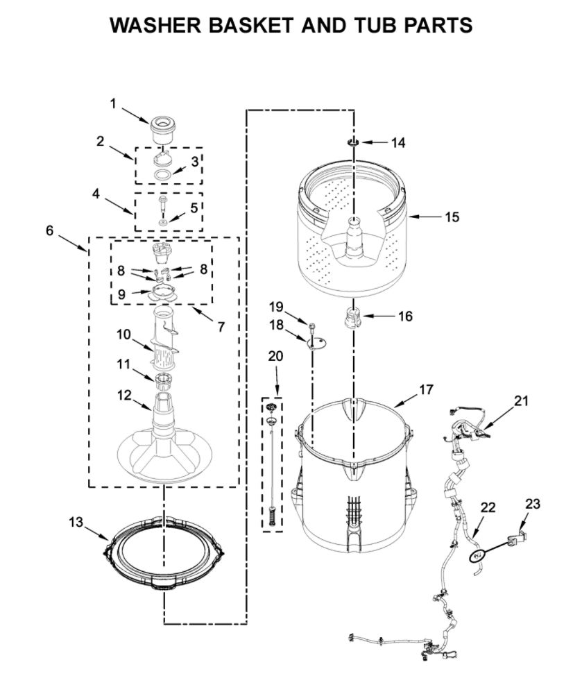 Washer Basket And Tub Parts Diagram and Parts List for WGT4027HW1  Whirlpool Washer Dryer Combo