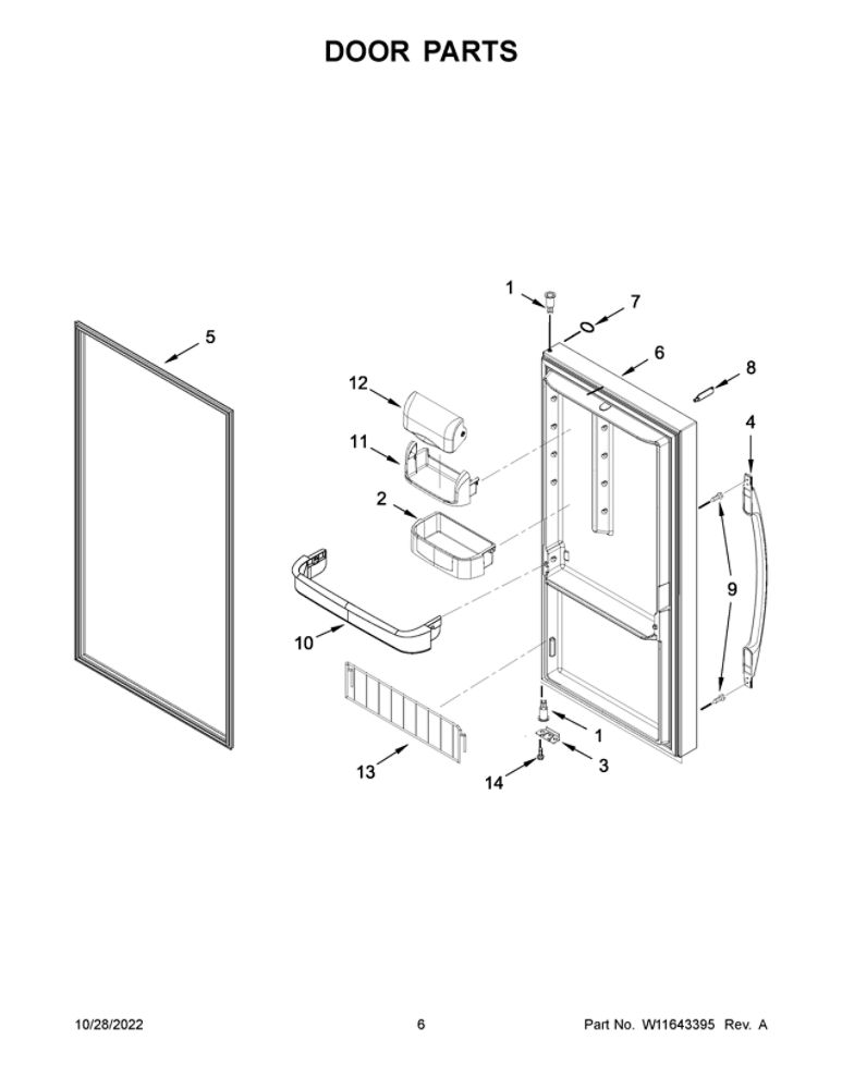 Door Parts Diagram and Parts List for WZF79R20DW07  Whirlpool Freezer