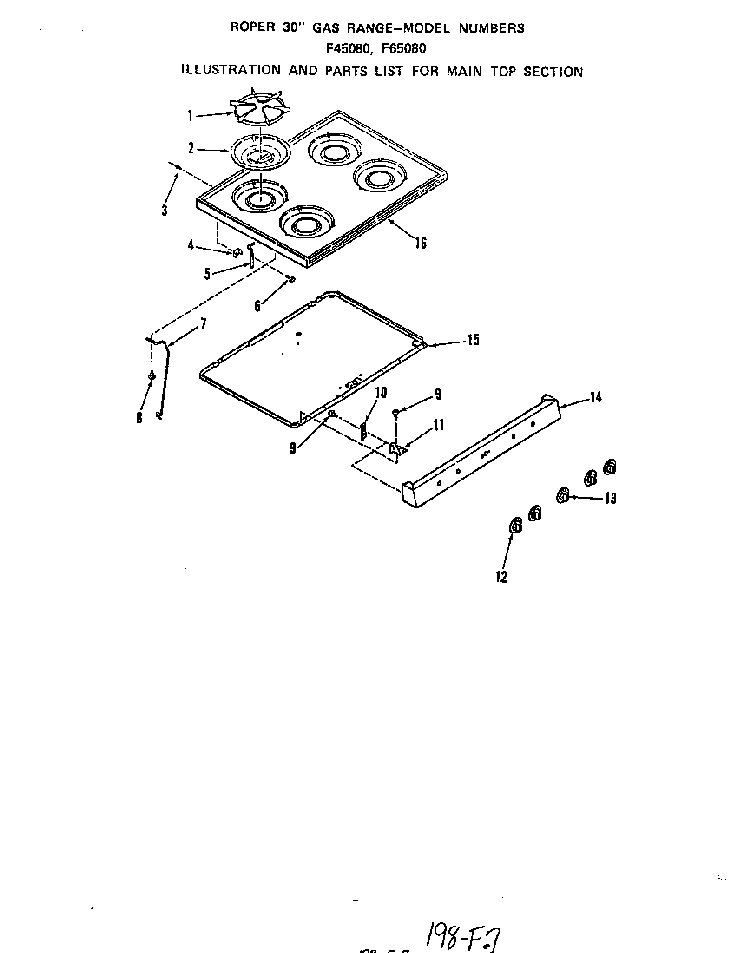 Main Top Diagram and Parts List for F6508*0  Roper Range