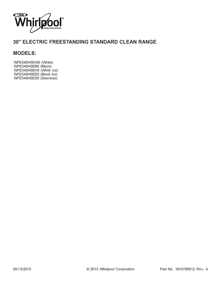 Cover Sheet Diagram and Parts List for WFE540H0EB0  Whirlpool Range