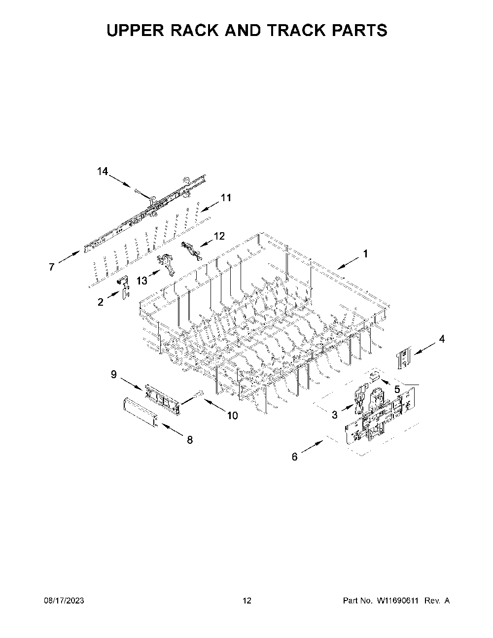 Upper Rack And Track Parts Diagram and Parts List for KDTM804KBS2  KitchenAid Dishwasher