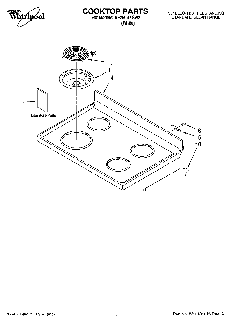 COOKTOP PARTS Diagram and Parts List for RF260BXSW2  Whirlpool Range