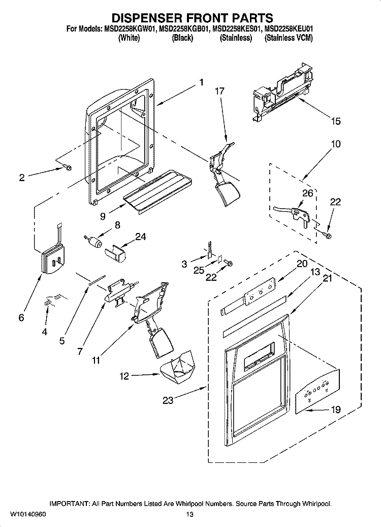 DISPENSER FRONT PARTS Diagram and Parts List for MSD2258KES01  Whirlpool Refrigerator