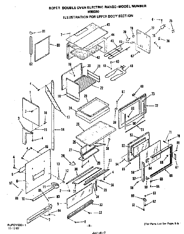 Upper Body Diagram and Parts List for H9608*0  Roper Range