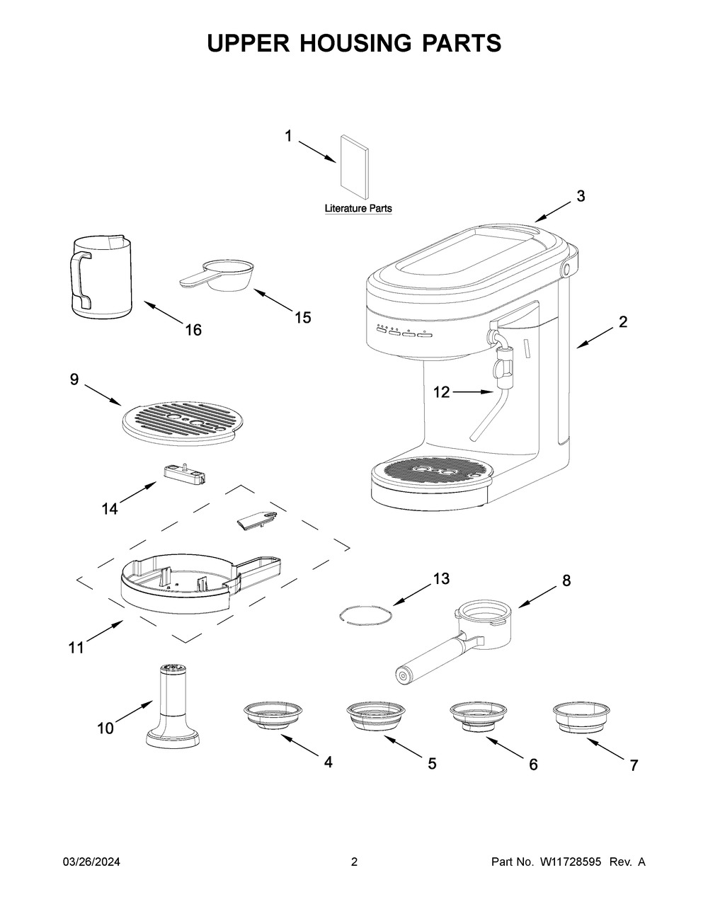 Upper Housing Parts Diagram and Parts List for 5KES6503EMS0  KitchenAid Coffee Maker