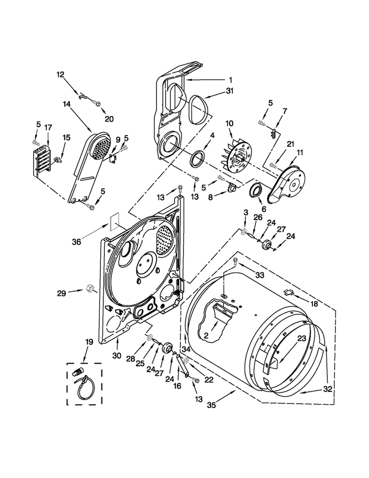 Bulkhead Parts Diagram and Parts List for 4GWED4900YW2  Whirlpool Dryer