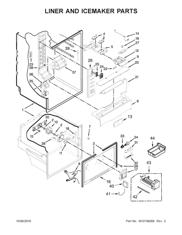 Liner And Icemaker Parts Diagram and Parts List for WRF560SEYW04  Whirlpool Refrigerator
