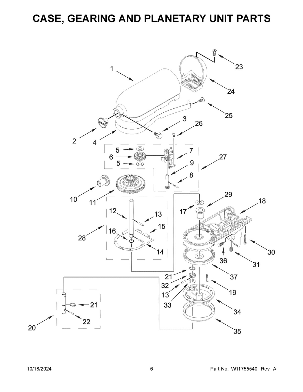 04 - Case, Gearing And Planetary Unit Parts Diagram and Parts List for KSM150TBER5  Whirlpool Mixer