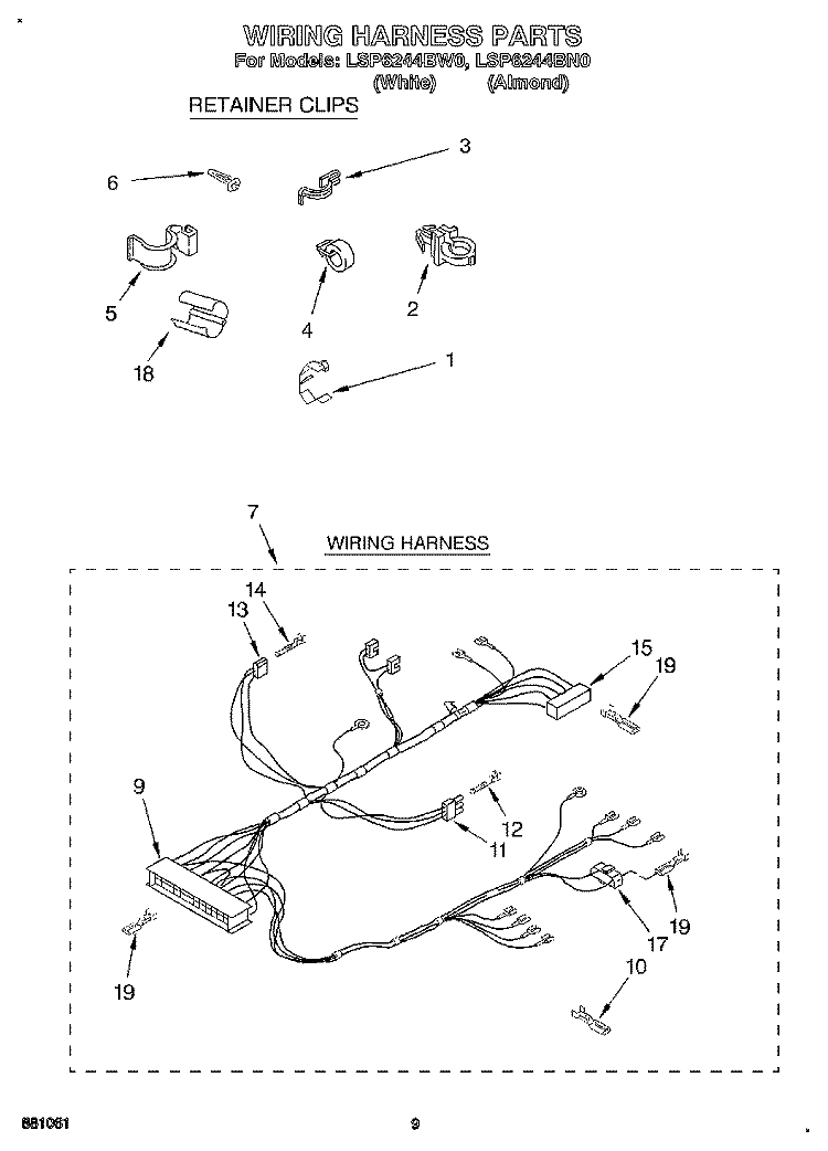 WIRING HARNESS Diagram and Parts List for LSP6244BN0  Whirlpool Washer