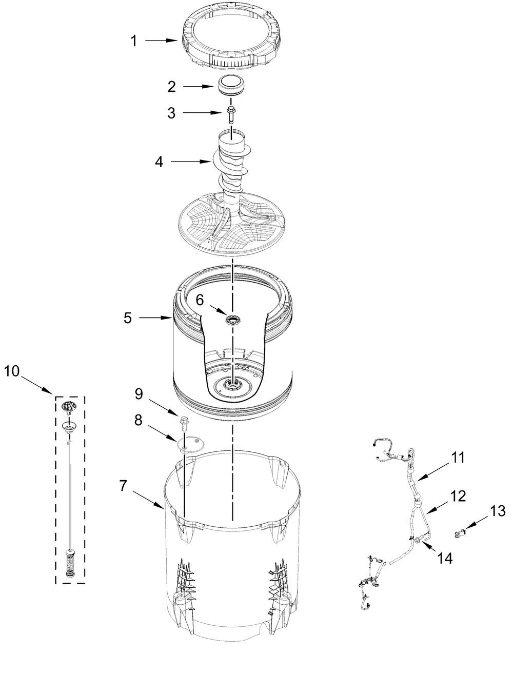 Basket And Tub Parts Diagram and Parts List for MVW6230RHW4  Whirlpool Washer