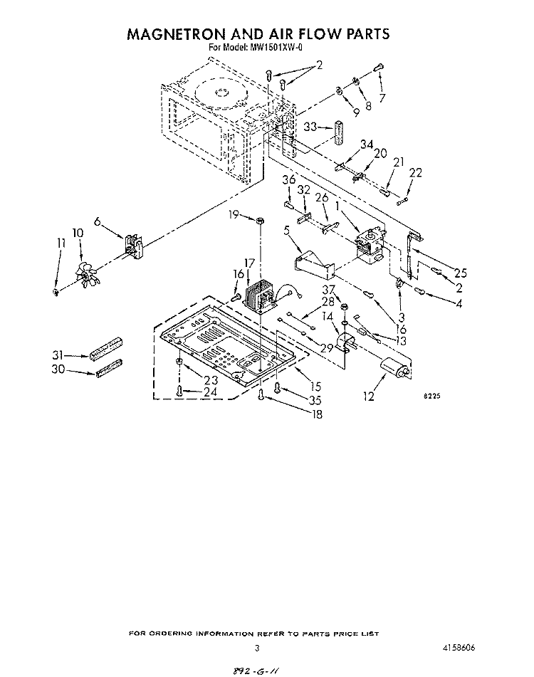 MAGNETRON AND AIR FLOW Diagram and Parts List for MW1501XW0  Whirlpool Microwave