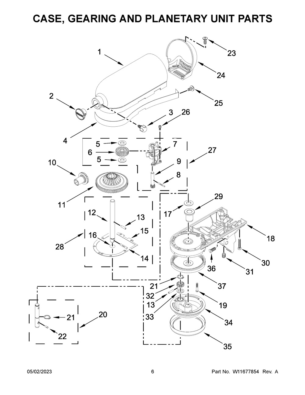 Case, Gearing And Planetary Unit Parts Diagram and Parts List for KSM195PSFT5  KitchenAid Mixer