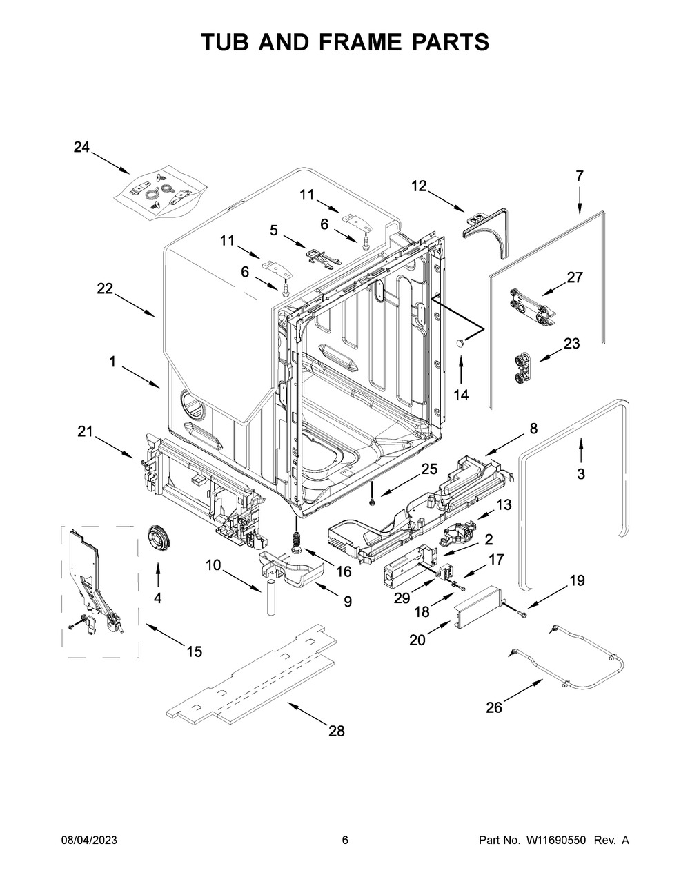 Tub And Frame Parts Diagram and Parts List for WDTA80SAKZ2  Whirlpool Dishwasher