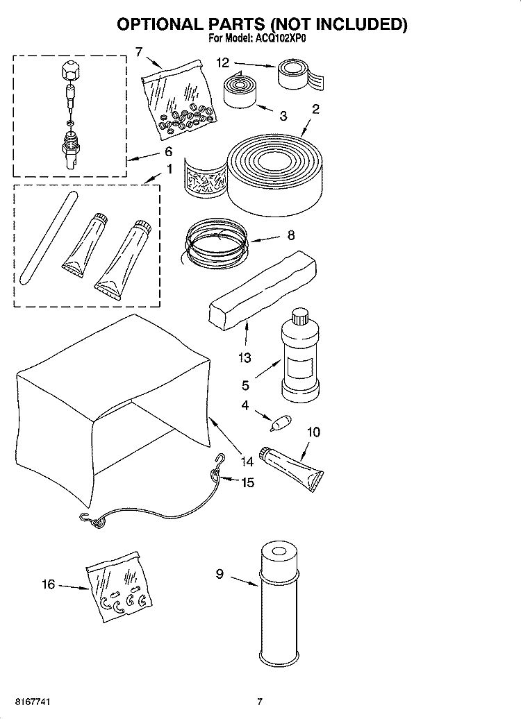 OPTIONAL  PARTS (NOT INCLUDED) Diagram and Parts List for ACQ102XP0  Whirlpool Air Conditioner