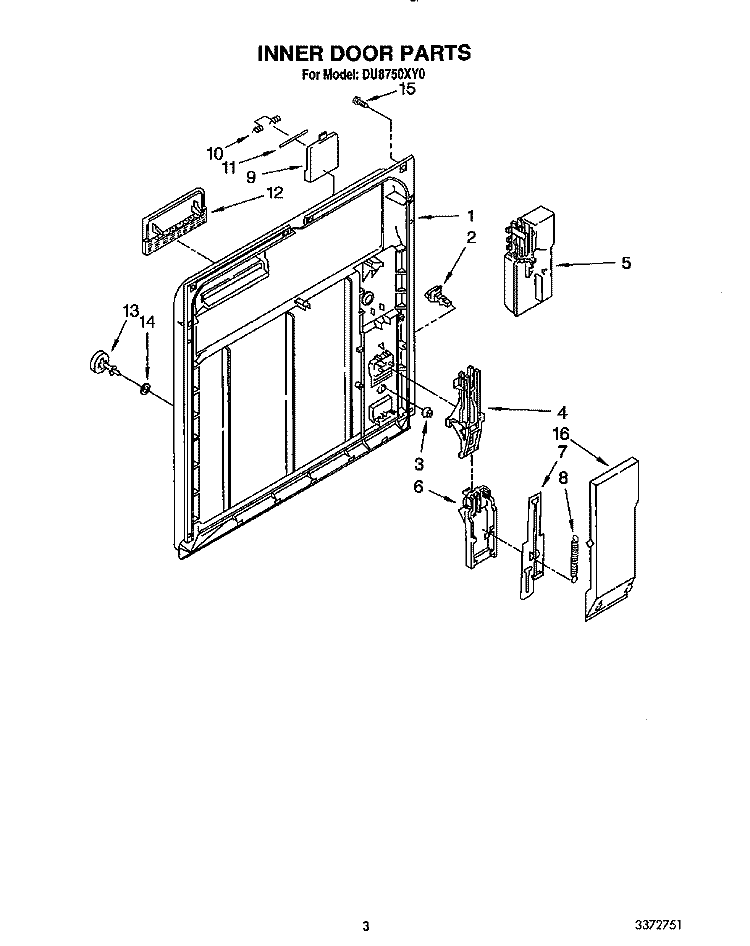 INNER DOOR Diagram and Parts List for DU8750XY0  Whirlpool Dishwasher