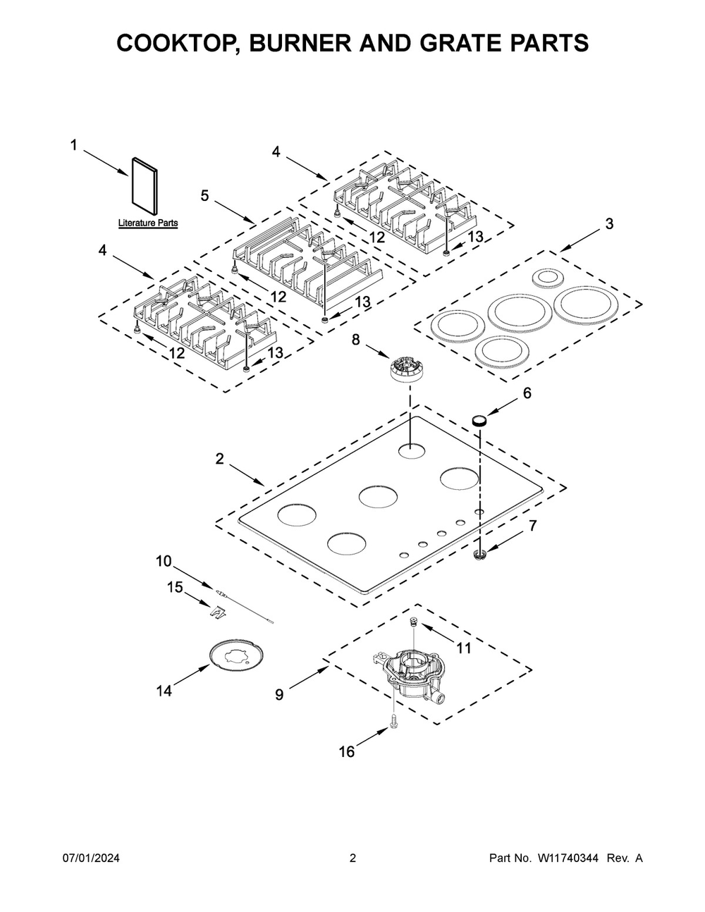 02 - Cooktop, Burner And Grate Parts Diagram and Parts List for KCGG530PBL01  Whirlpool Cooktop
