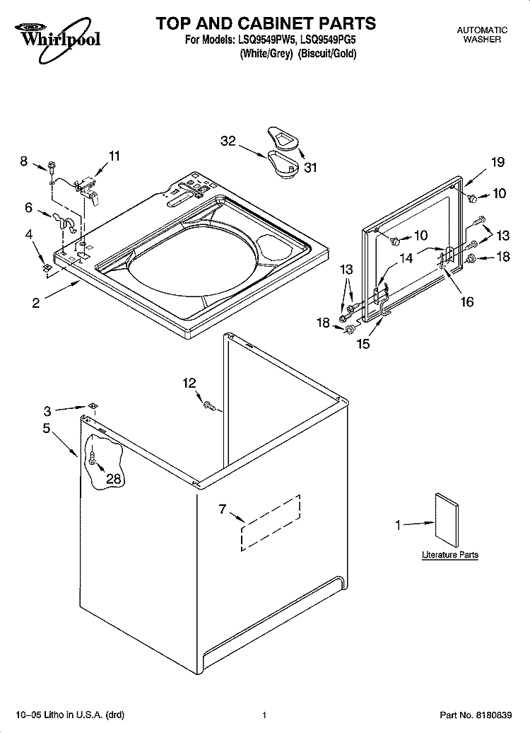 TOP AND CABINET PARTS Diagram and Parts List for LSQ9549PG5  Whirlpool Washer