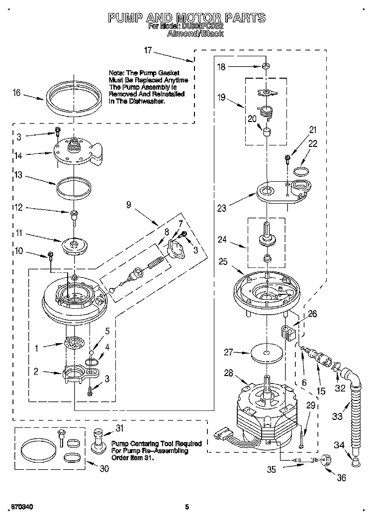 PUMP AND MOTOR Diagram and Parts List for DU900PCDB2  Whirlpool Dishwasher