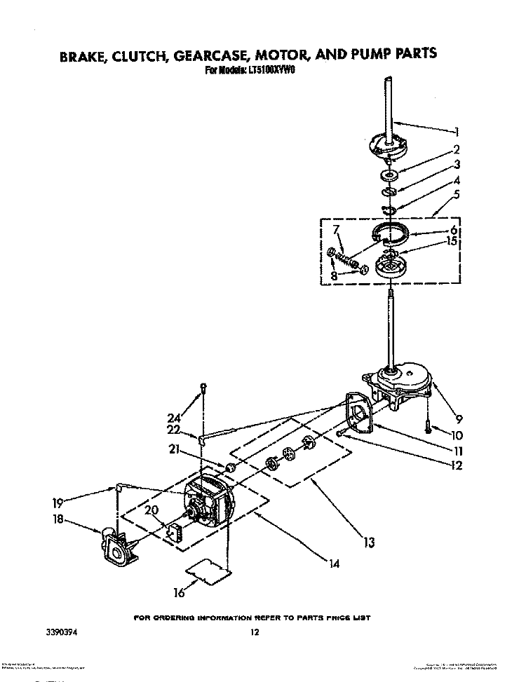 BRAKE, CLUTCH, GEARCASE, MOTOR AND PUMP Diagram and Parts List for LT5100XVW0  Whirlpool Washer Dryer Combo