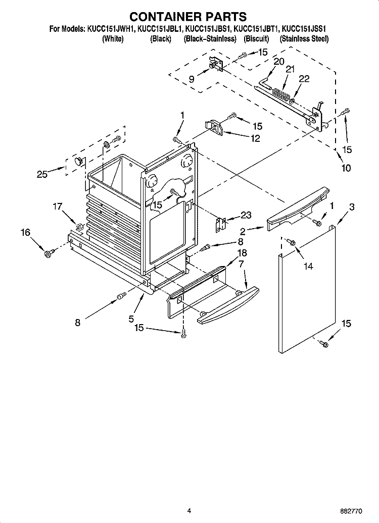 CONTAINER PARTS Diagram and Parts List for KUCC151JBS1  KitchenAid Trash Compactor