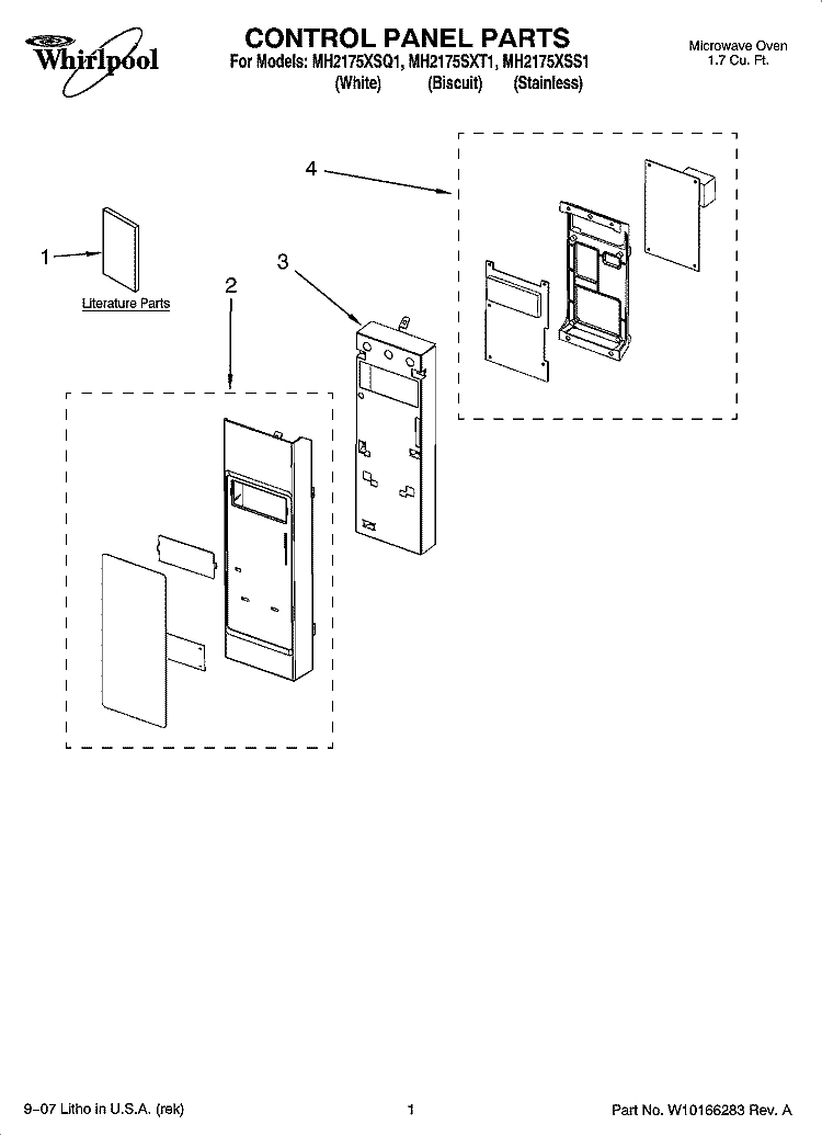 CONTROL PANEL PARTS Diagram and Parts List for MH2175SXT1  Whirlpool Microwave