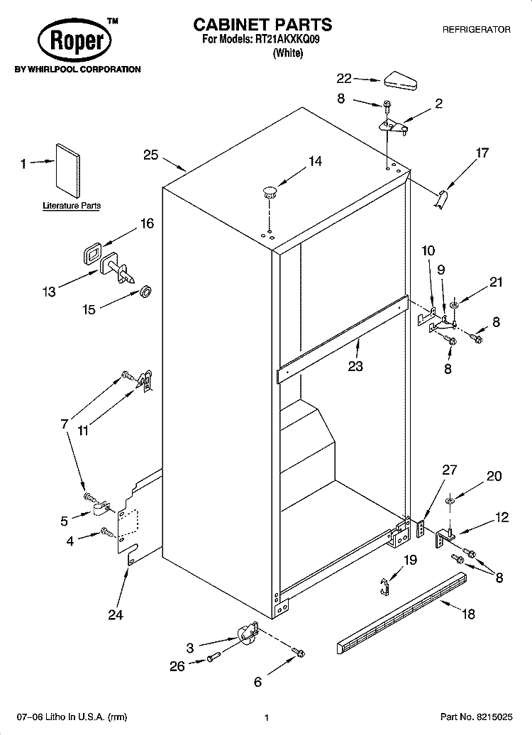 CABINET PARTS Diagram and Parts List for RT21AKXKQ09  Roper Refrigerator