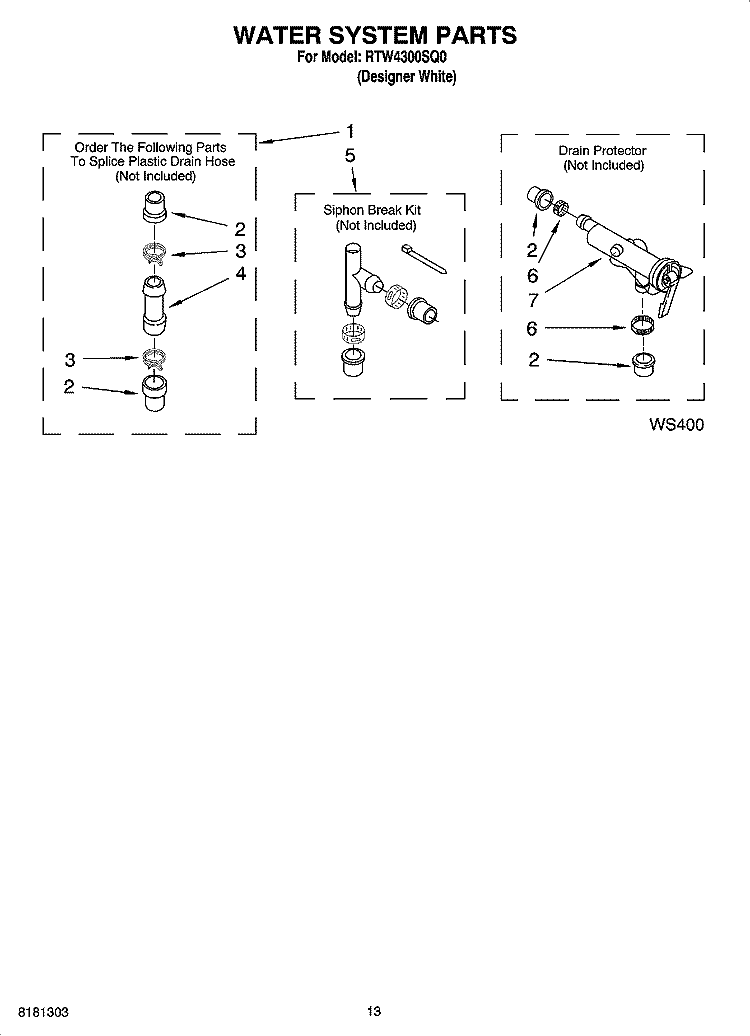 WATER SYSTEM PARTS, OPTIONAL PARTS (NOT INCLUDED) Diagram and Parts List for RTW4300SQ0  Roper Washer