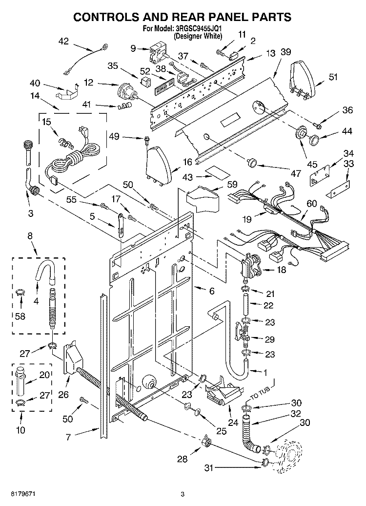 CONTROLS AND REAR PANEL PARTS Diagram and Parts List for 3RGSC9455JQ1  Whirlpool Washer