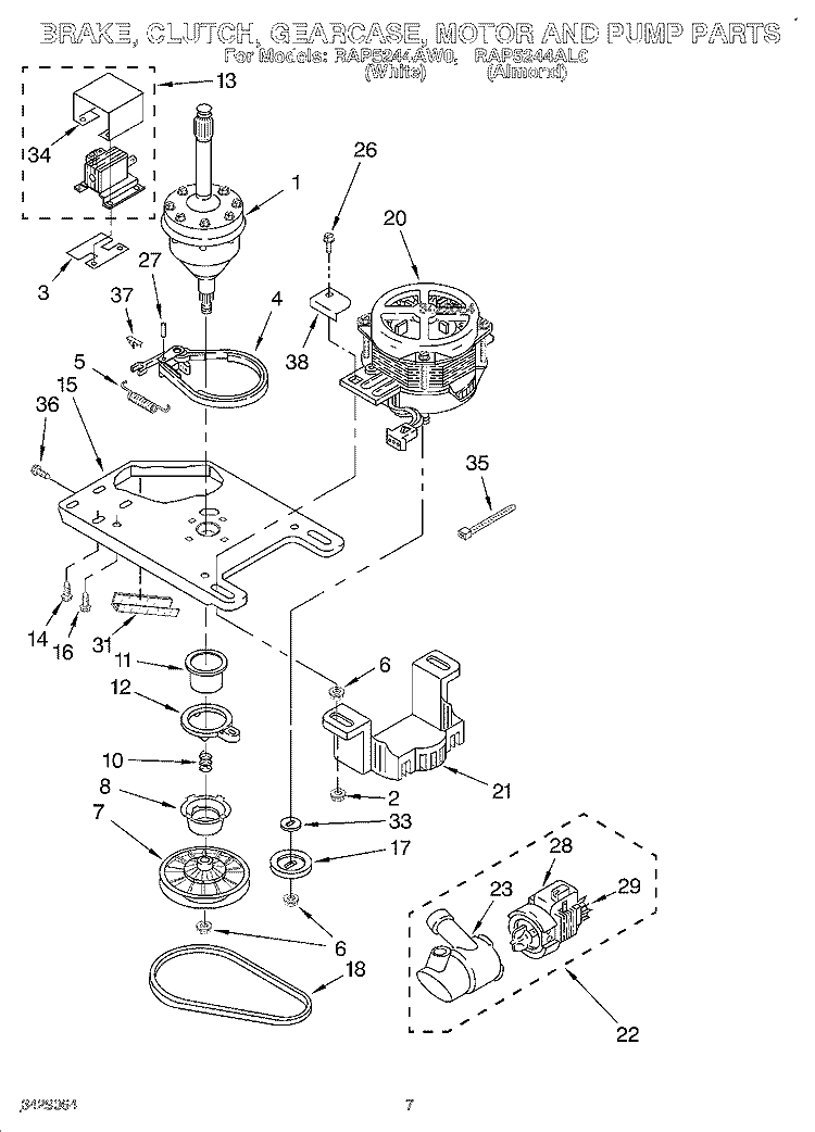 BRAKE, CLUTCH, GEARCASE, MOTOR & PUMP Diagram and Parts List for RAP5244AL0  Whirlpool Washer