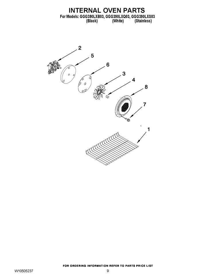 INTERNAL OVEN PARTS Diagram and Parts List for GGG390LXB03  Whirlpool Range
