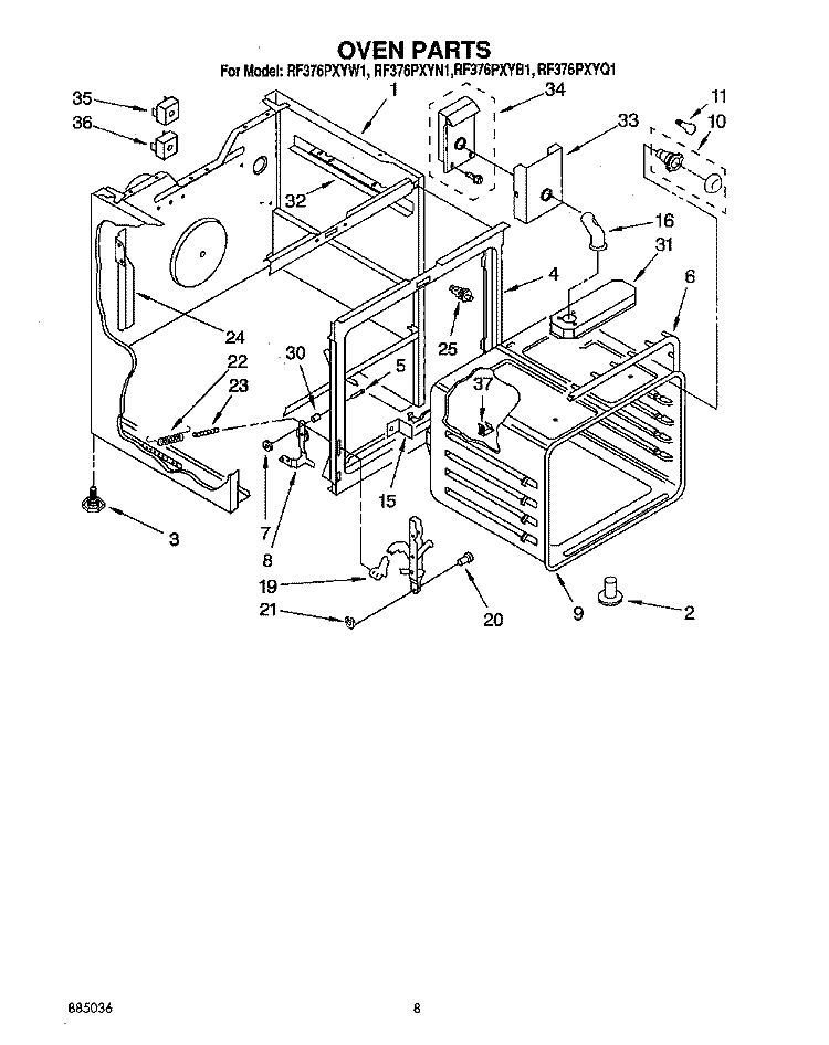 OVEN Diagram and Parts List for RF376PXYN1  Whirlpool Range